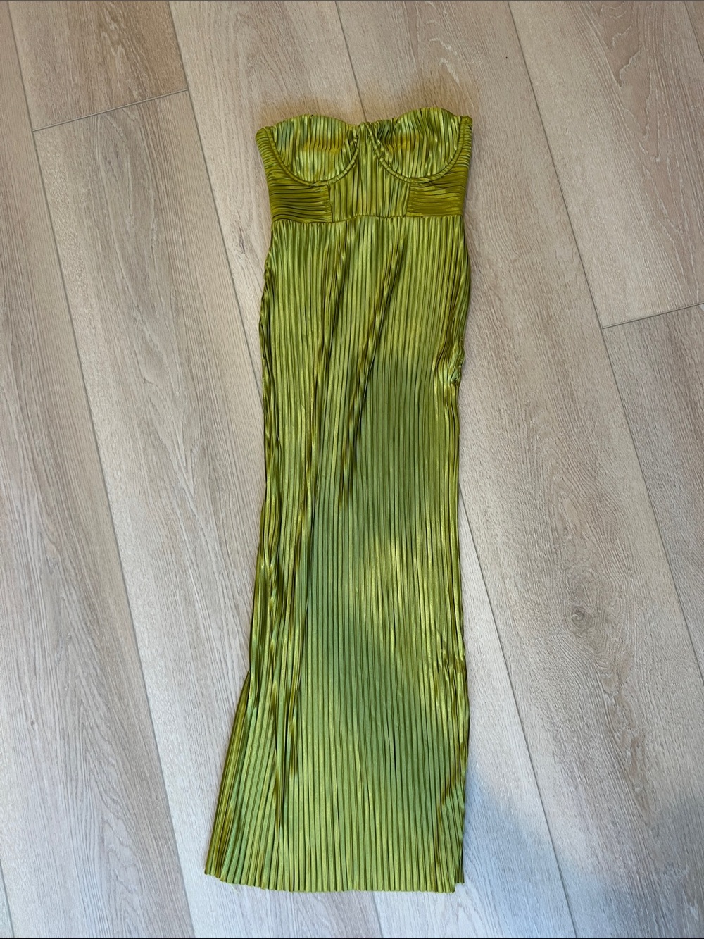 Strapless Pleated Maxi Dress in Olive Green